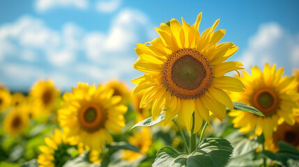 Obraz premium Sunflower field with cloudy blue sky. Sunflowers landscape