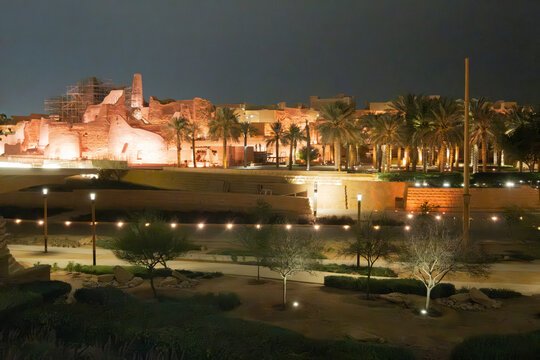 Diriyah at-turaif district historic site illuminated at night, Riyadh, Saudi Arabia