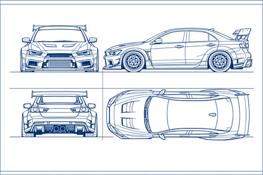 Mitsubishi Lancer Evolution X Blueprint &ndash; Technical Drawing Multi-View Car Outline Vector