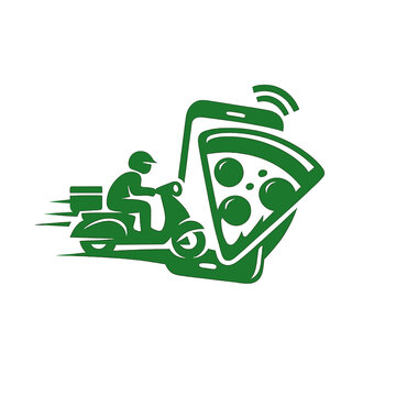 Pizza Delivery Scooter Logo &ndash; Green Fast Food App Smartphone Slice Vector Illustration