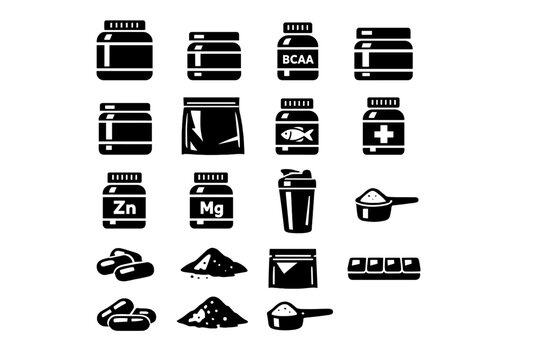 Sports Supplements and Vitamins Icons Set &ndash; Black Silhouette Vector Icons