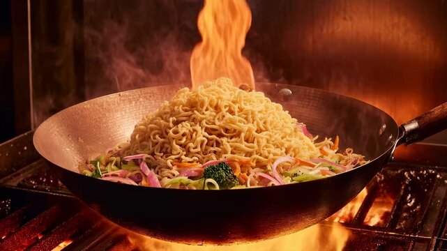 Stir fried noodles bursting into flames in kitchen highlighting dynamic cooking process bold taste and energetic culinary creativity with vibrant sparks