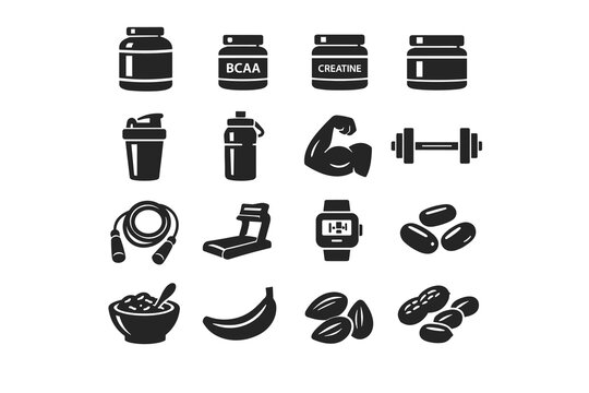 Fitness Supplements and Gym Equipment Icons Set &ndash; Black Silhouette Collection