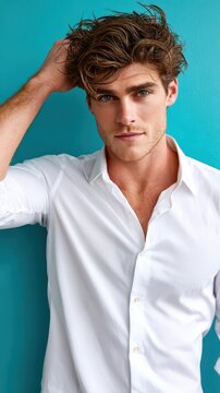 Confident young man with wavy brown hair and blue eyes gazes forward. He touches his styled hair, wearing a white button-up shirt against a simple teal backdrop, captured during the day