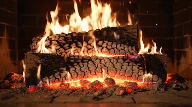 Burning firewood in a fireplace