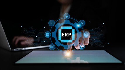 Naklejka premium Enterprise Resource Planning (ERP) system for business process management. This ERP software solution integrates core business functions for efficiency. Motif