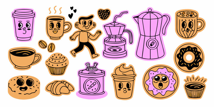 Colorful cartoon illustration of coffee pastries and brewing equipment