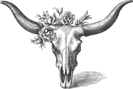 Longhorn skull with flowers icon, vintage engraved ink vector illustration in western boho style. Perfect for rustic logos, tattoo designs, western posters, and country themed branding.