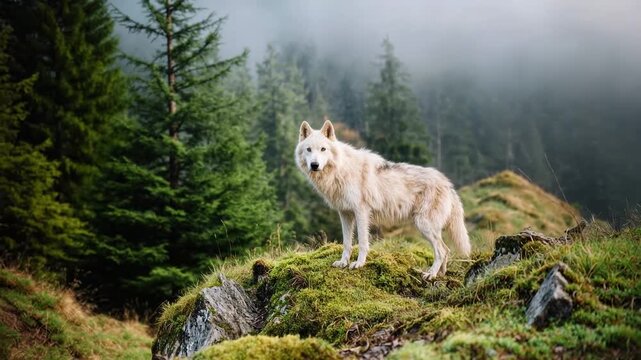 White wolf standing alert on mossy hillside in foggy forest landscape evoking strength instinct survival and serene beauty of wild nature