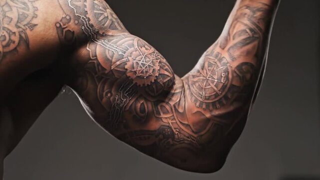 Muscular arm with intricate mechanical tattoos flexing on dark background.