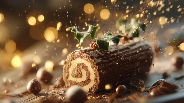Festive Chocolate Yule Log Cake with Holly and Golden Bokeh
