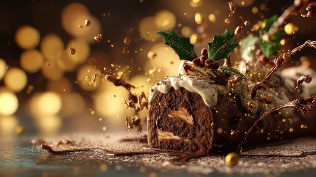 Gourmet Chocolate Yule Log Cake with Festive Holiday Decor