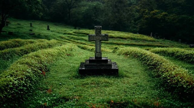 Lonely stone cross standing in a perfectly trimmed green labyrinth cemetery surrounded by misty forest creating a quiet contemplative atmosphere of remembrance and spiritual reflection