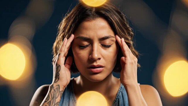 Woman with hands on head showing discomfort