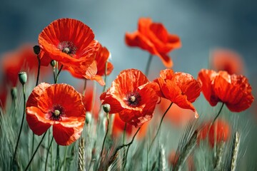 Fototapeta premium Vibrant orange poppies in soft focus field under overcast sky