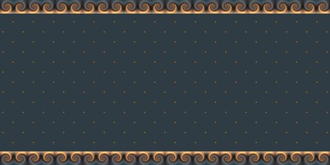 Golden swirl border decorated dark even empty wall 3d background. Speckled pattern wallpaper.