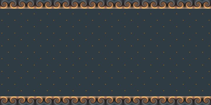 Golden swirl border decorated dark even empty wall 3d background. Speckled pattern wallpaper.