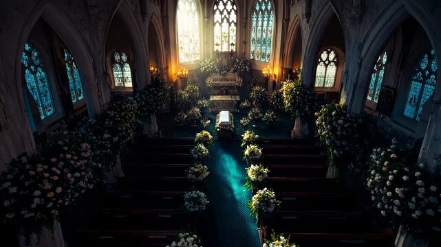 View inside a dimly lit church with rows of pews floral decorations and glowing candles creating a reverent sacred ambiance for ceremony prayer and remembrance