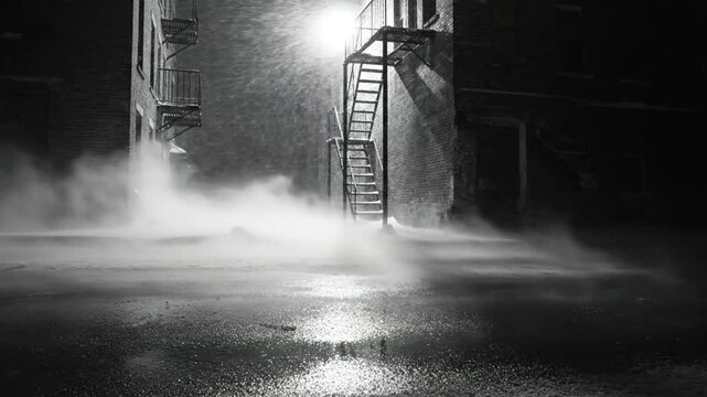 Black and white view of a blizzard in a city alleyway at night, showing snow, buildings, and a fire escape.
