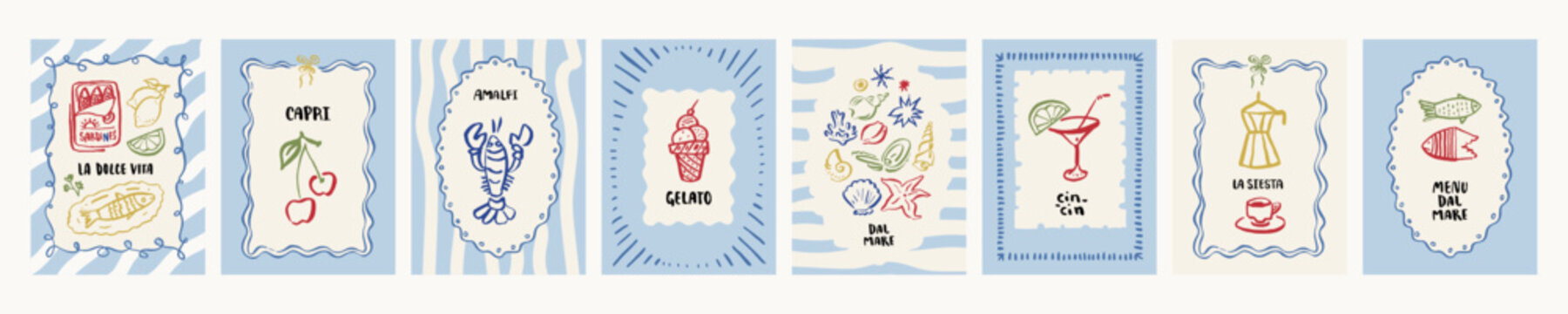 Italian summer vacation prints in sea blue colors. Amalfi coast poster wall art. Coastal Italy poster set. Vintage vector food illustrations. Naive sardines, lobster, seafood icons doodle sketches