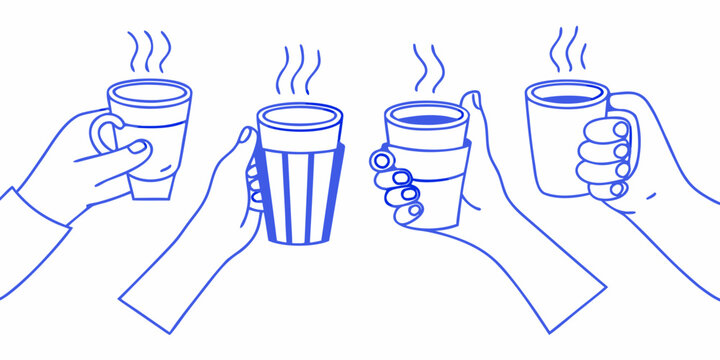 Four hands clink steaming mugs in a cheerful minimalist illustration