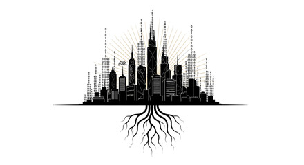 Obraz premium Smart City Digital Infrastructure Concept with Urban Skyline, Binary Code Data Streams and Tree Roots Growth Illustration for Sustainable Technology and Future Connectivity