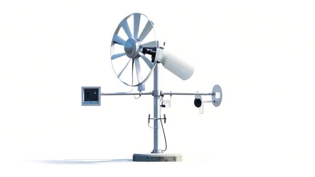 A white meteorological station with a fan-like sensor and a display panel. Set against white