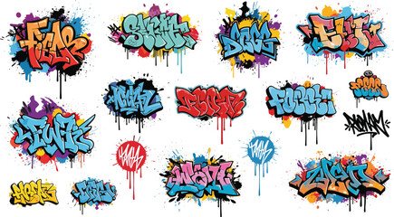 Graffiti Street Art Tags Set with Colorful Spray Paint Lettering Urban Hip Hop Style Typography for Wall Design Murals Stickers and Creative Backgrounds © Rashidul