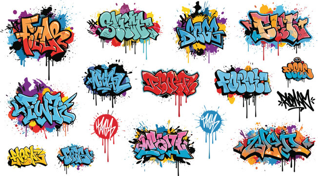 Graffiti Street Art Tags Set with Colorful Spray Paint Lettering Urban Hip Hop Style Typography for Wall Design Murals Stickers and Creative Backgrounds