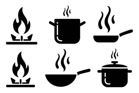 Six black icons of cooking pots and pans on gas stoves with steam, representing cooking, kitchen, food preparation, stove use, and cookware vector illustration