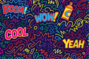 A colorful vector graffiti background with street art elements like boom, cool, yeah, and wow, created with spray paint style and abstract shapes for a bold urban vibe. © primus