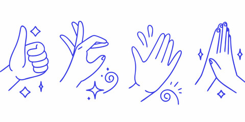 Obraz premium Collection of hand gestures and signs drawn in a simple blue line art style