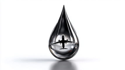 Fototapeta premium A conceptual 3D-style stock image of a large, glossy black drop of oil. Inside the reflection of the oil drop, a silhouette of a passenger airplane is visible. Clean white studio b