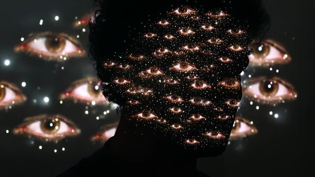 Silhouette portrait filled with shimmering multiple eyes symbolizing data surveillance artificial intelligence monitoring and collective consciousness in futuristic conceptual art