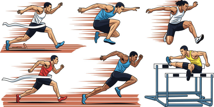 Track and Field Athletes Set with Sprinting Running Jumping and Hurdles Dynamic Motion Illustration for Sports Training Competition and Athletic Performance Design