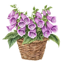 Foxglove Bouquet In A Basket A, watercolor artwork with intricate patterns and vibrant, isolated on a white background. © velora