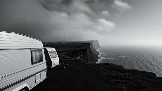 Dramatic black and white aerial view of caravans parked on a cliff overlooking the ocean under cloudy skies