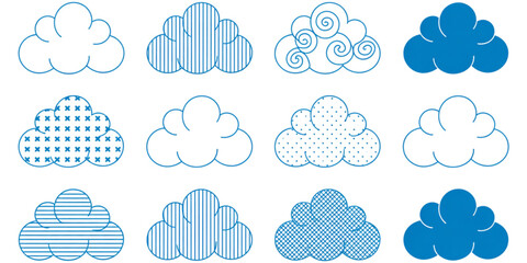 Fototapeta premium A collection of twelve different blue cloud icons featuring various artistic patterns and textures Vector