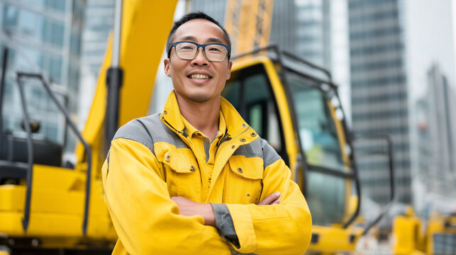 businessphoto, a construction site worker, 37 years old wearing yellow working clothes, fullbody, near a construction machine, halfbody, with blurred background of a construction s