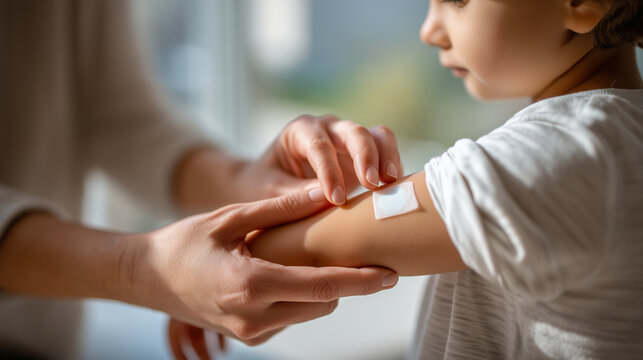 Aesthetic shot of a parent's hand (faceless) comforting a child's arm just before a routine vaccination, Preventative Pediatric Care, soft daylight, sharp focus on the small plaste