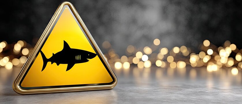 Yellow road sign showing shark warning near beach with blurred background at outdoor location