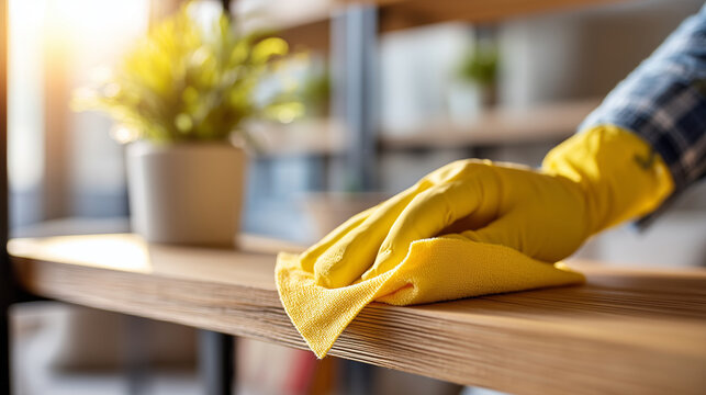 Close-up of a caregiver's hand (faceless) dusting a wooden shelf in a tidy living room, Dignified Help at Home, soft afternoon sunlight, sharp focus on the microfiber cloth and dus