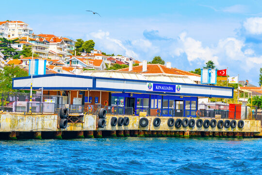Istanbul, Turkey, August 8, 2025: Passenger ferry terminal on Kinaliada Island, the smallest of the Princes' Islands in the Sea of Marmara near Istanbul, Turkey.