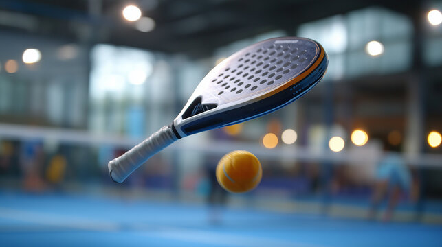 a photo for me of a tennis racket and a padel racket flying across an indoor blue court with people blurred in the background. This photo will be used to illustrate tennis and pade