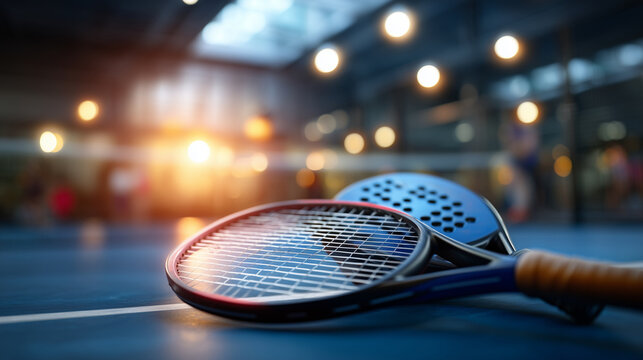 a photo for me of a tennis racket and a padel racket flying across an indoor blue court with people blurred in the background. This photo will be used to illustrate tennis and pade