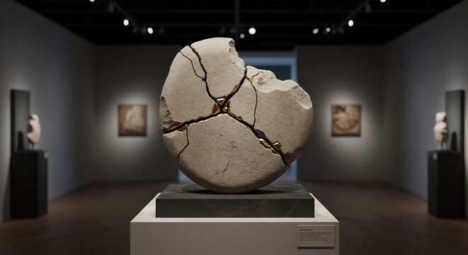Large Ceramic Sculpture Repaired with Gold in Art Gallery Exhibition.