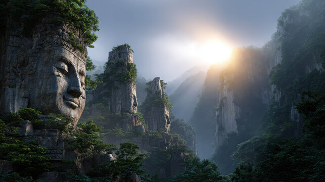 The majestic mountain with an engraved face and sunbeams. A scenic view of the area with tall, rocky structures and light beams, conveying a sense of majesty.