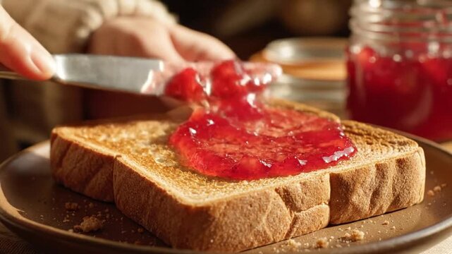 Sweet Fruit Spread On Toasted Bread. Freshly Baked Bread Generously Coated With Luscious Berry Jam And Spreads. Crusty Bread Served With Sweet Fruit Spread And Generous Layer Of Strawberry Jam