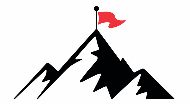Stylized mountain peak with red flag on top, symbolizing triumph, ambition, reaching goals, achievement, and pinnacle success, vector illustration