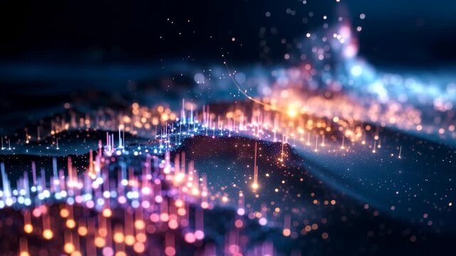Abstract digital landscape with glowing wave of particles and light representing data flow innovation connectivity and futuristic technology concept